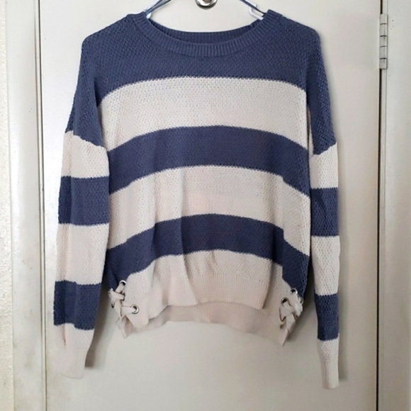 Pink Republic Blue/White Striped Ragland Sleeve Sweater Lace-up Hem Details SZ L - Picture 1 of 6